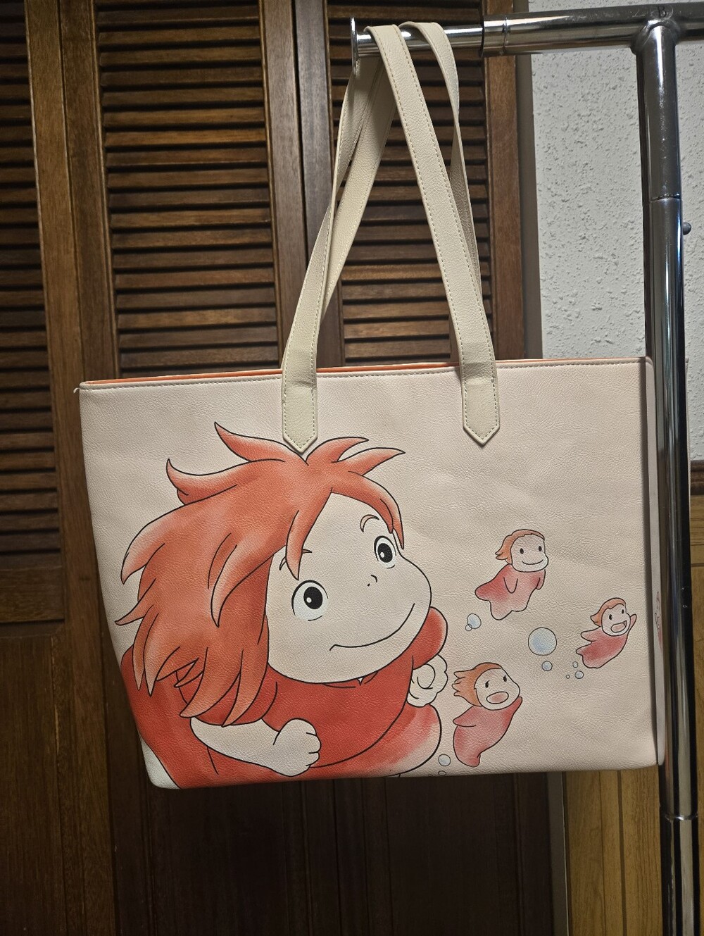 Beige Tote Bag with Coral Character Print